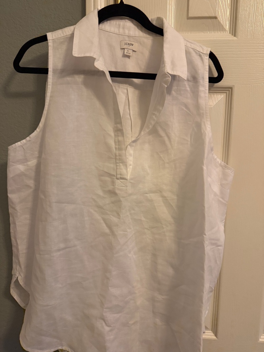 J. Crew White Linen Sleeveless Collared Split-V Top